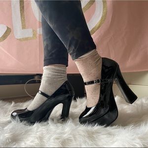 Demonia Dolly platform Mary-Jane heels, US 8, black patent vegan leather